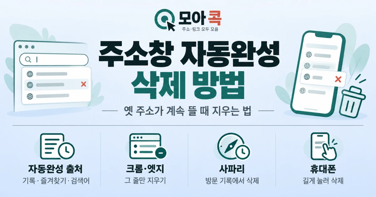 주소창 자동완성 삭제 방법 배너 이미지. 옛 주소 기록을 지우는 법을 안내합니다