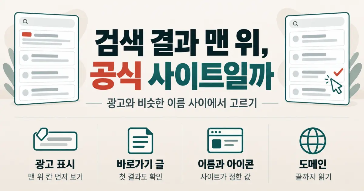 검색 결과에서 공식 사이트 구별하는 법 배너 이미지. 광고와 비슷한 이름 사이에서 공식 도메인을 고르는 법을 안내합니다