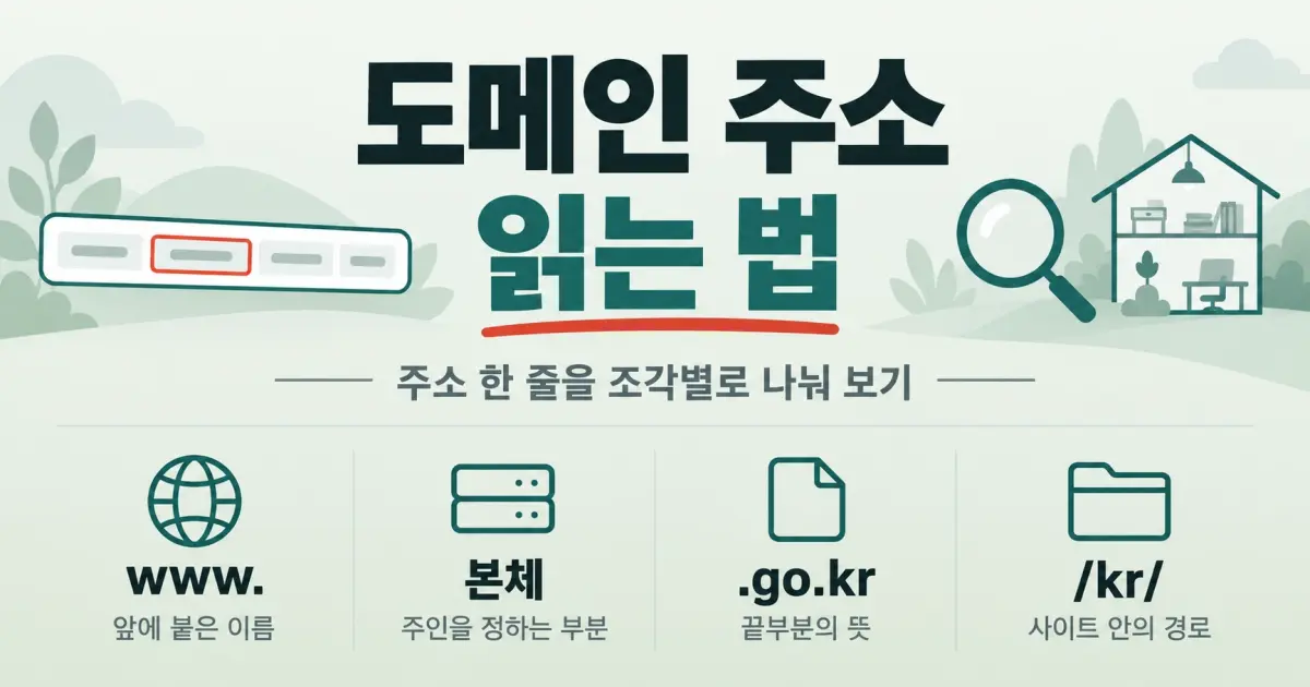 도메인 주소 읽는 법 배너 이미지. 주소 한 줄을 조각별로 나눠 읽는 법을 안내합니다